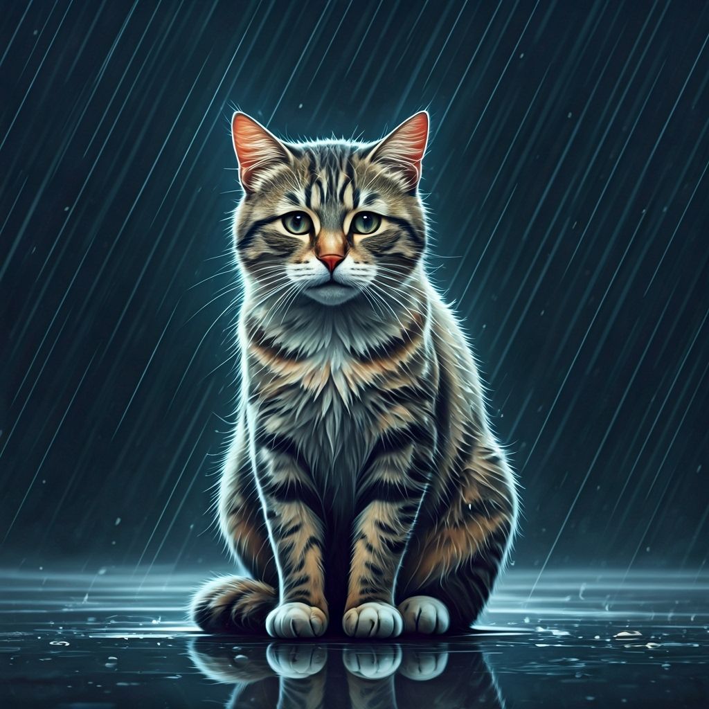 Sad Cat Waits in Rain, Realistic Watercolor Style