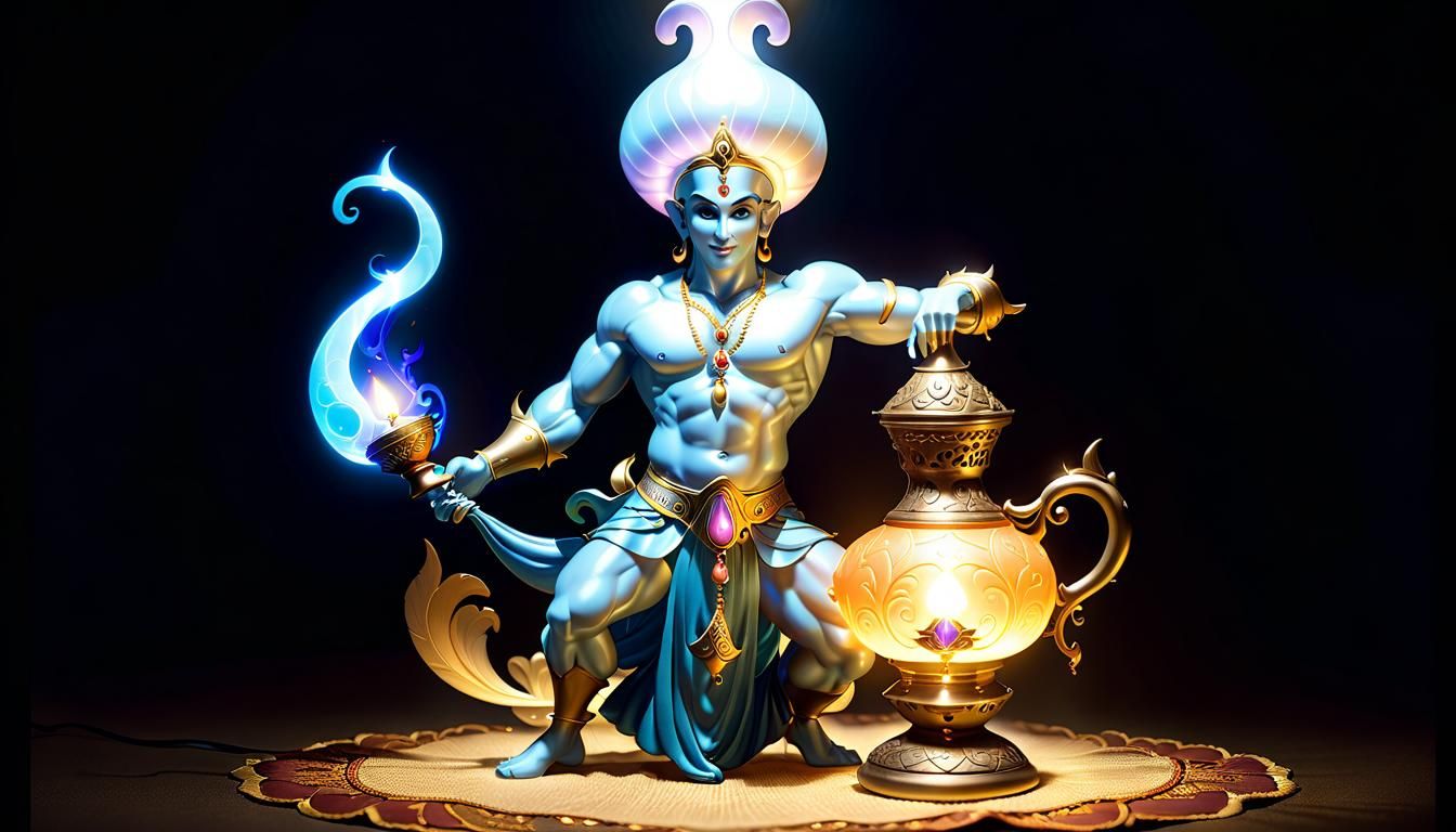 Genie Emerges from Magical Lamp in Fantasy Art