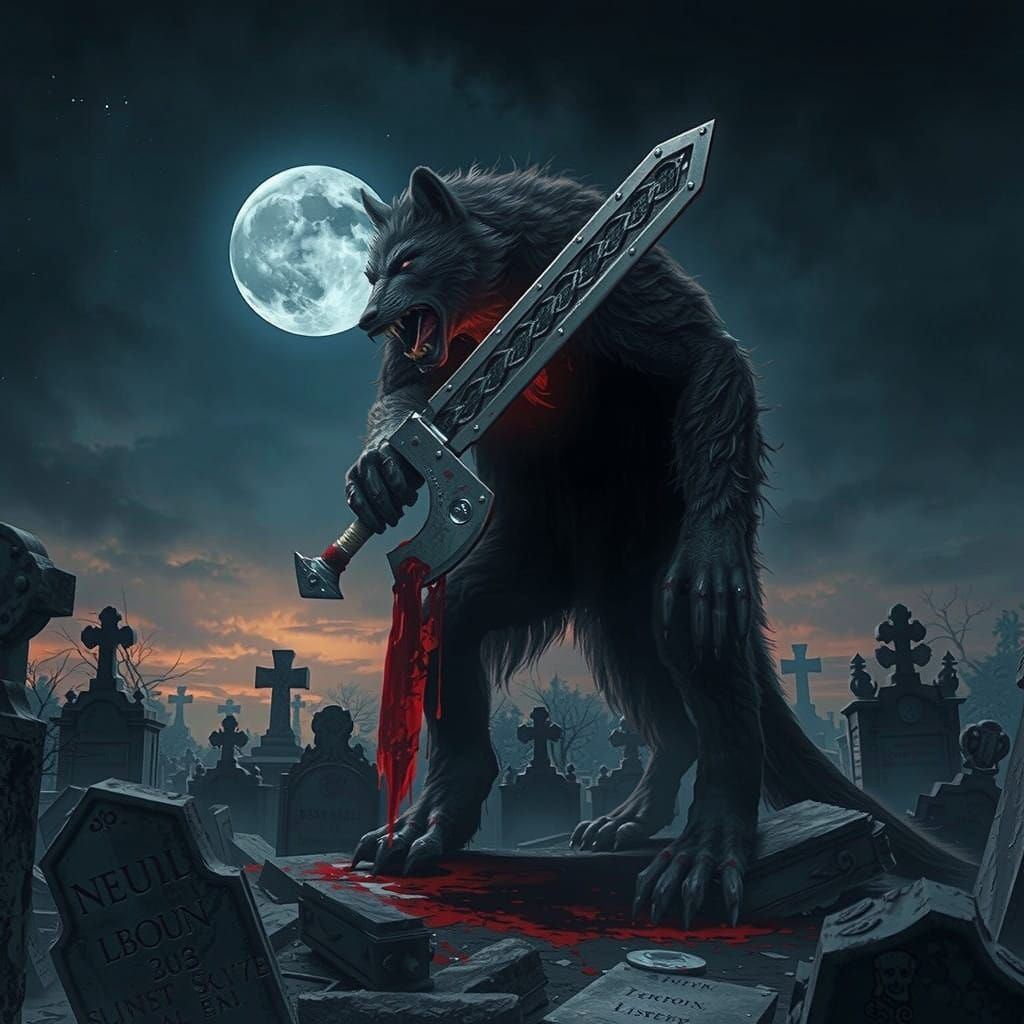 Werewolf Corpse in Cemetery with Battle-ax