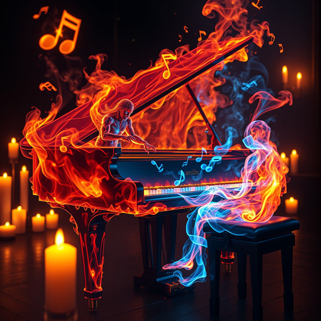 Flaming Piano Performance in a Dark Room