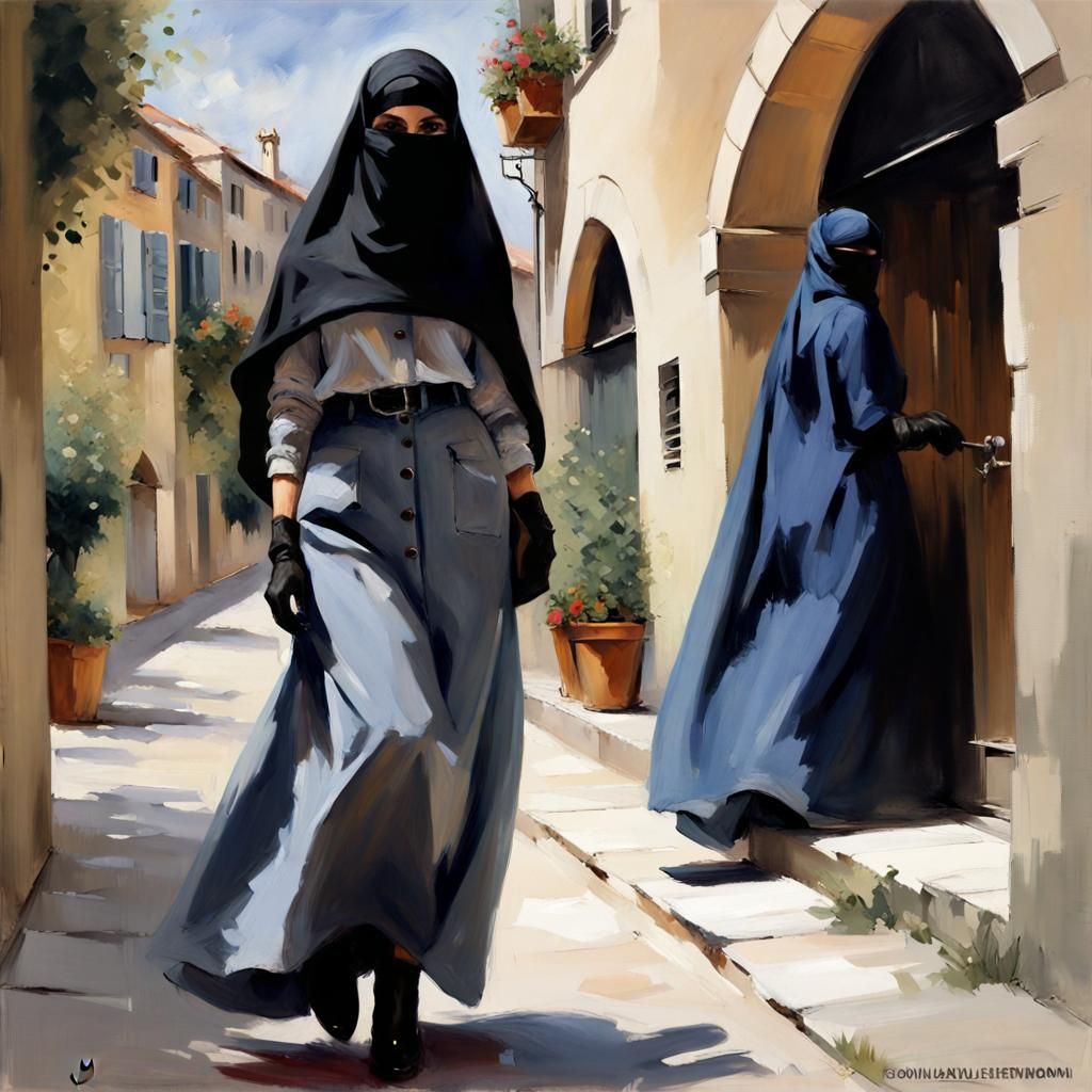 Niqabi Woman in Cozy European City, Guache Painting