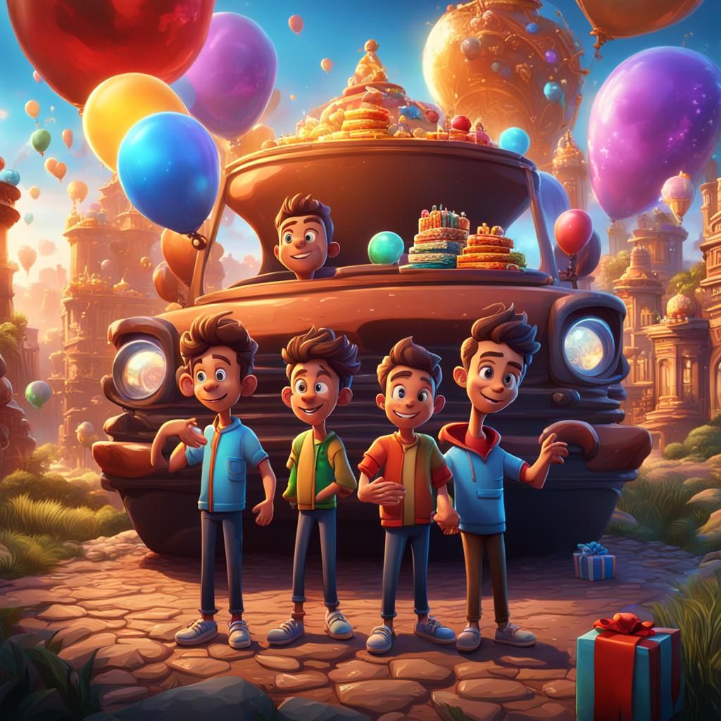 Cartoon Birthday Poster with Friends and Gift