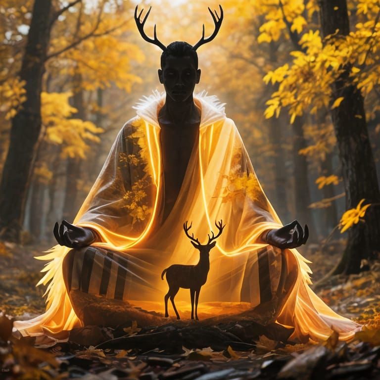 Futuristic Spirit Guide Meditation in Autumn Forest