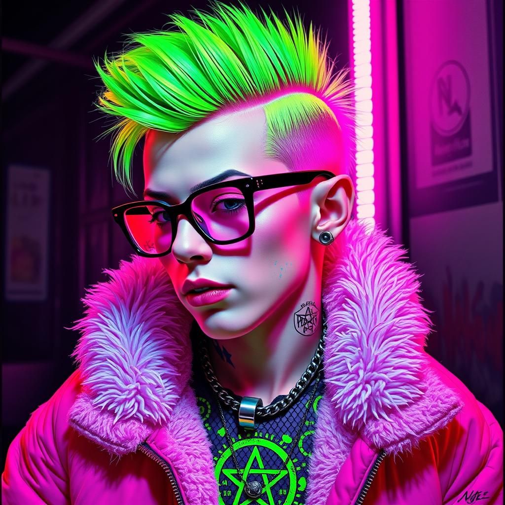 Neon Twink with Green Mullet in Street Art Style