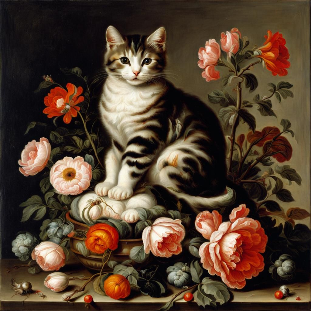 Cute Cat with Flowers in Baroque Still Life