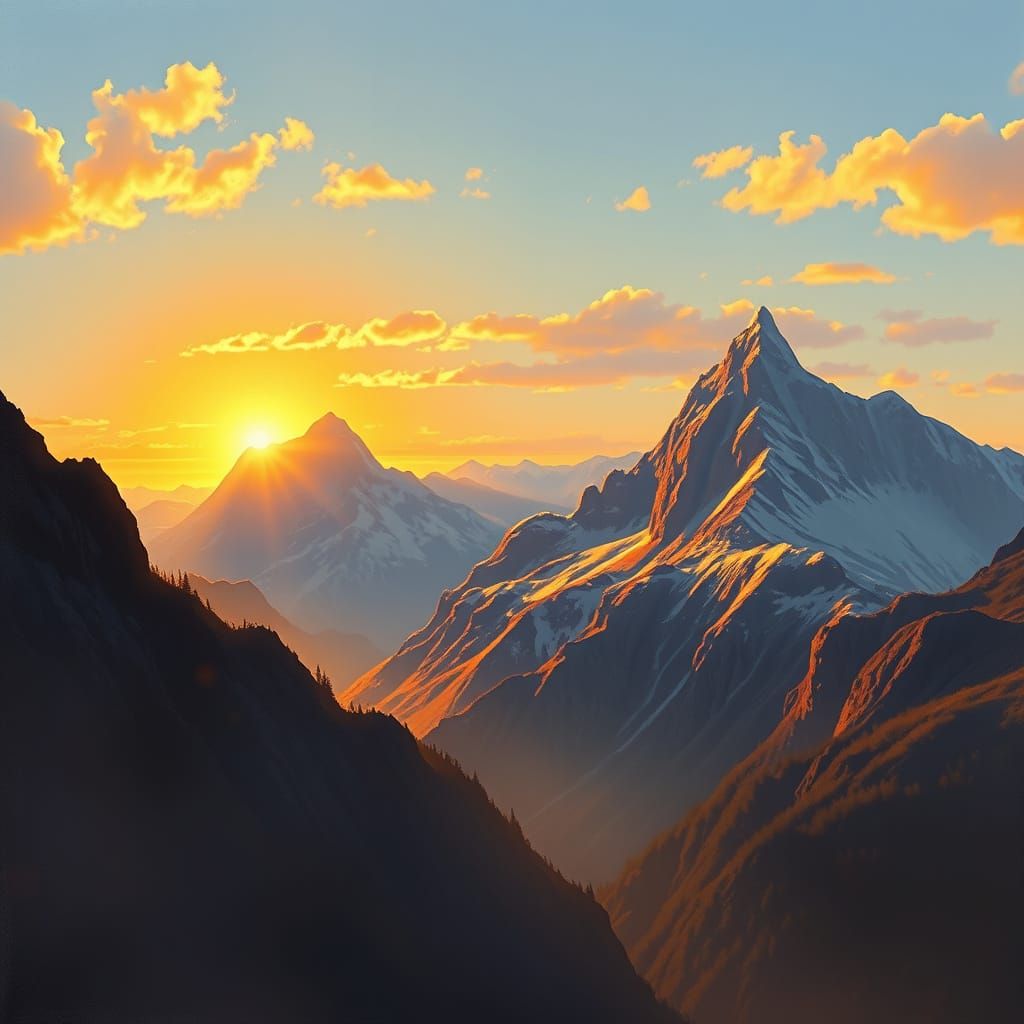 Sunset Mountain Landscape in Bierstadt Style