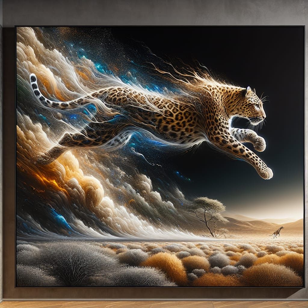 Leopard Leaps from Savanna Painting: Matte Art