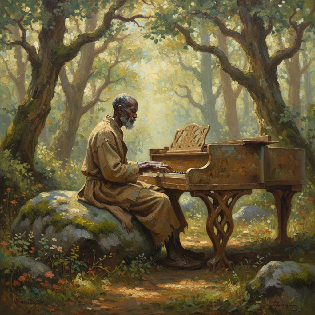 Elderly Man Plays Piano in Sunlit Ancient Forest