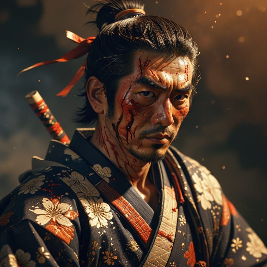 Blood-Soaked Samurai in Golden Light