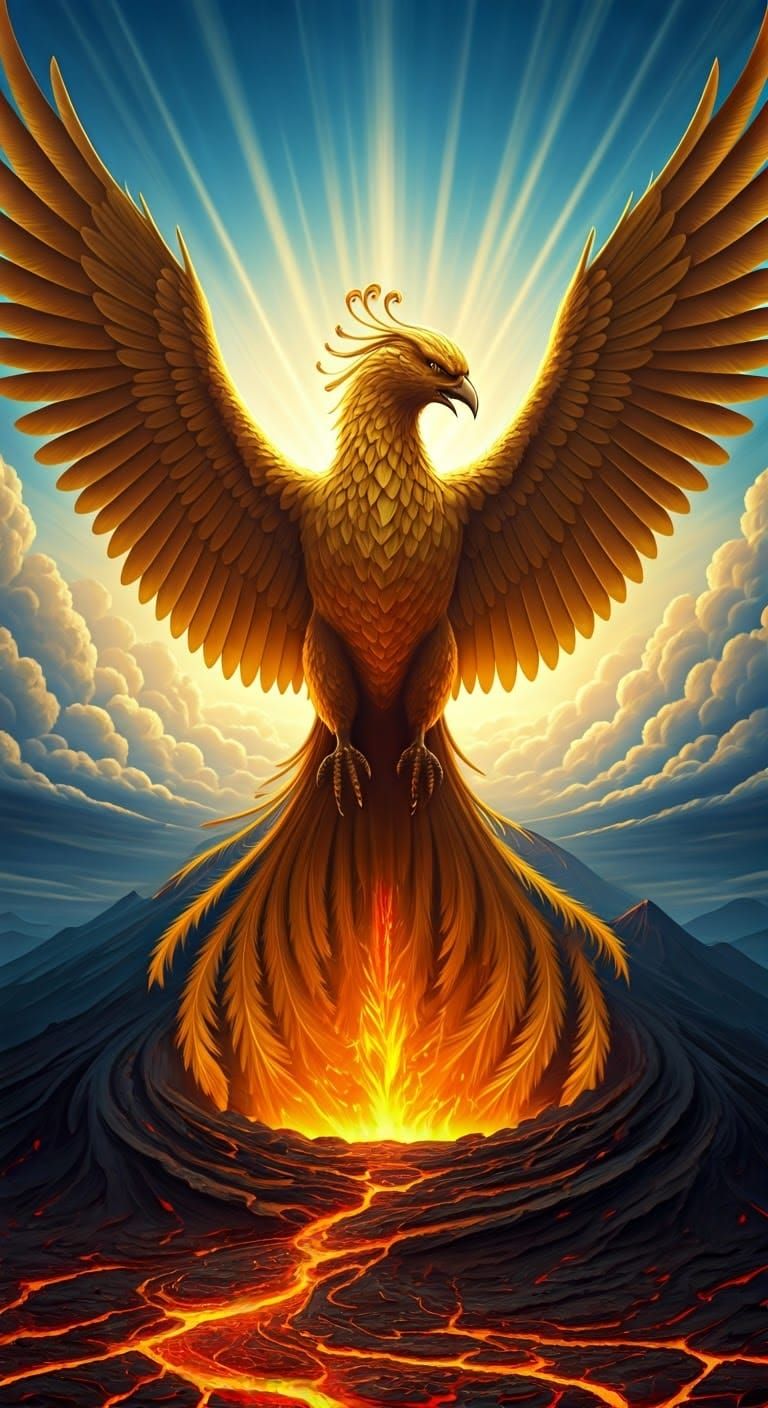 Golden Phoenix Ascends Amidst Fiery Volcanic Fury