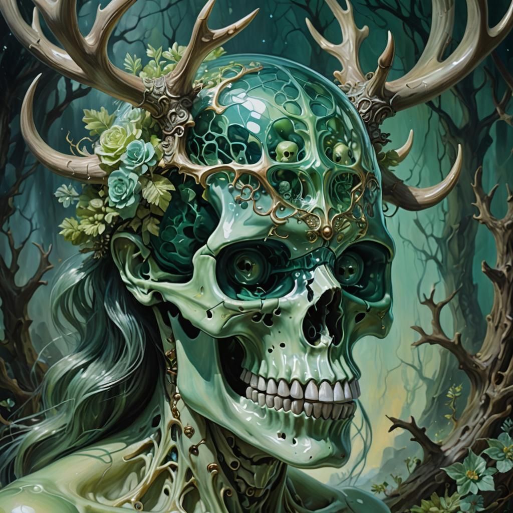 Surreal Glass Skull Portrait in Oil Painting Style