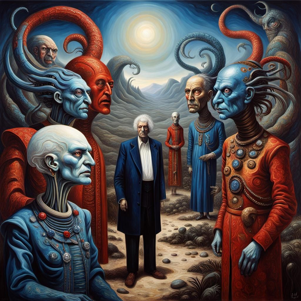 Cosmic Characters in Landscape, Oil Painting Style