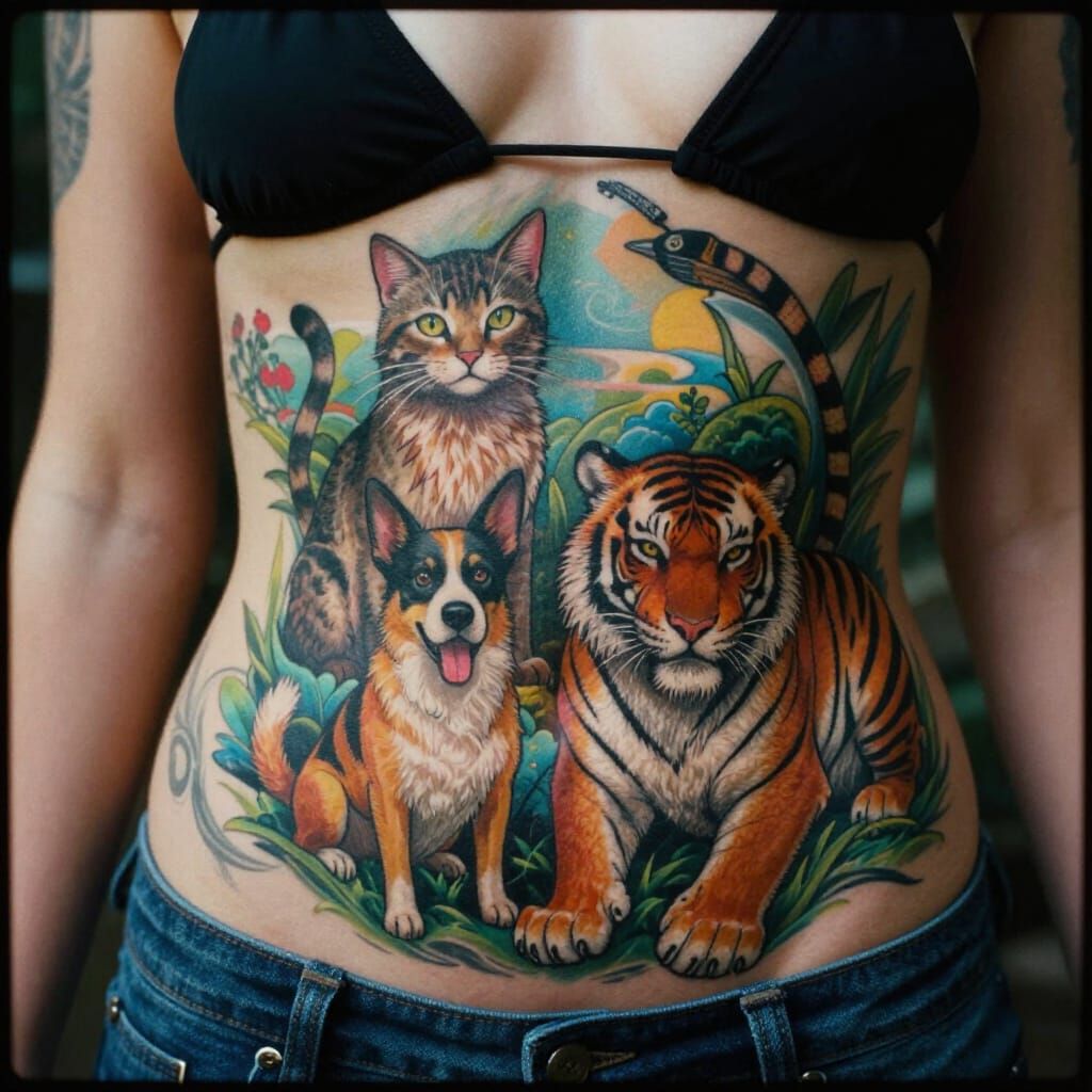 Vibrant Tattoo Art: Cat, Dog, and Tiger on Woman's Abdomen