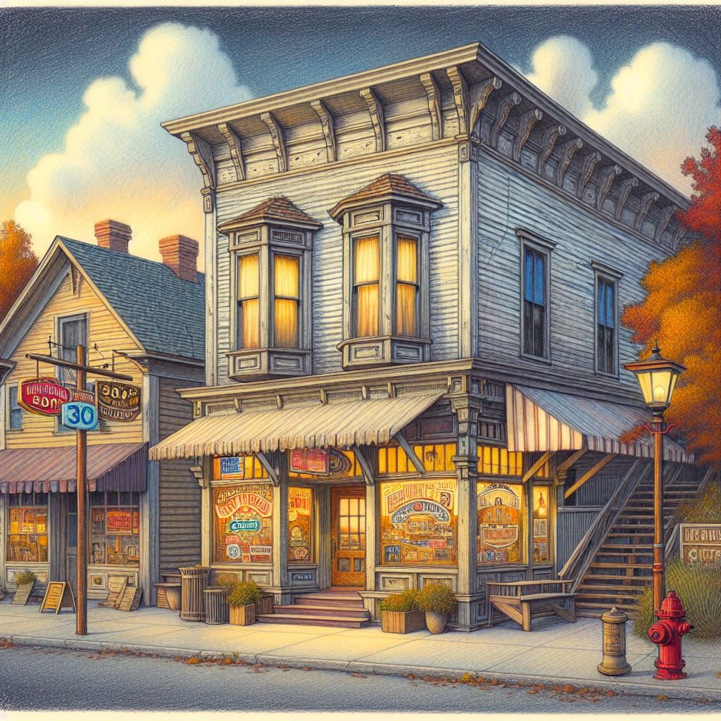 Charming Vintage Town Scene in Colored Pencil