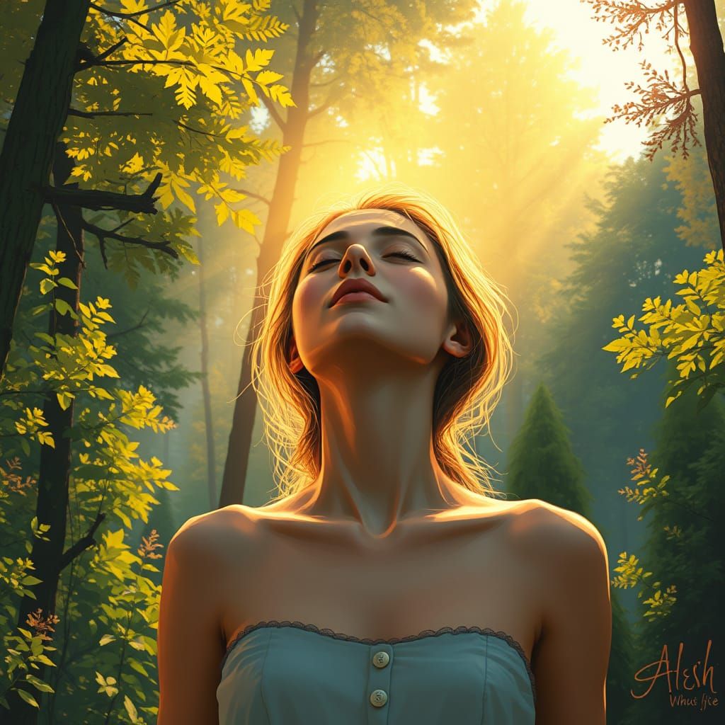 Woman Surrounded by Golden Light in a Lush Forest
