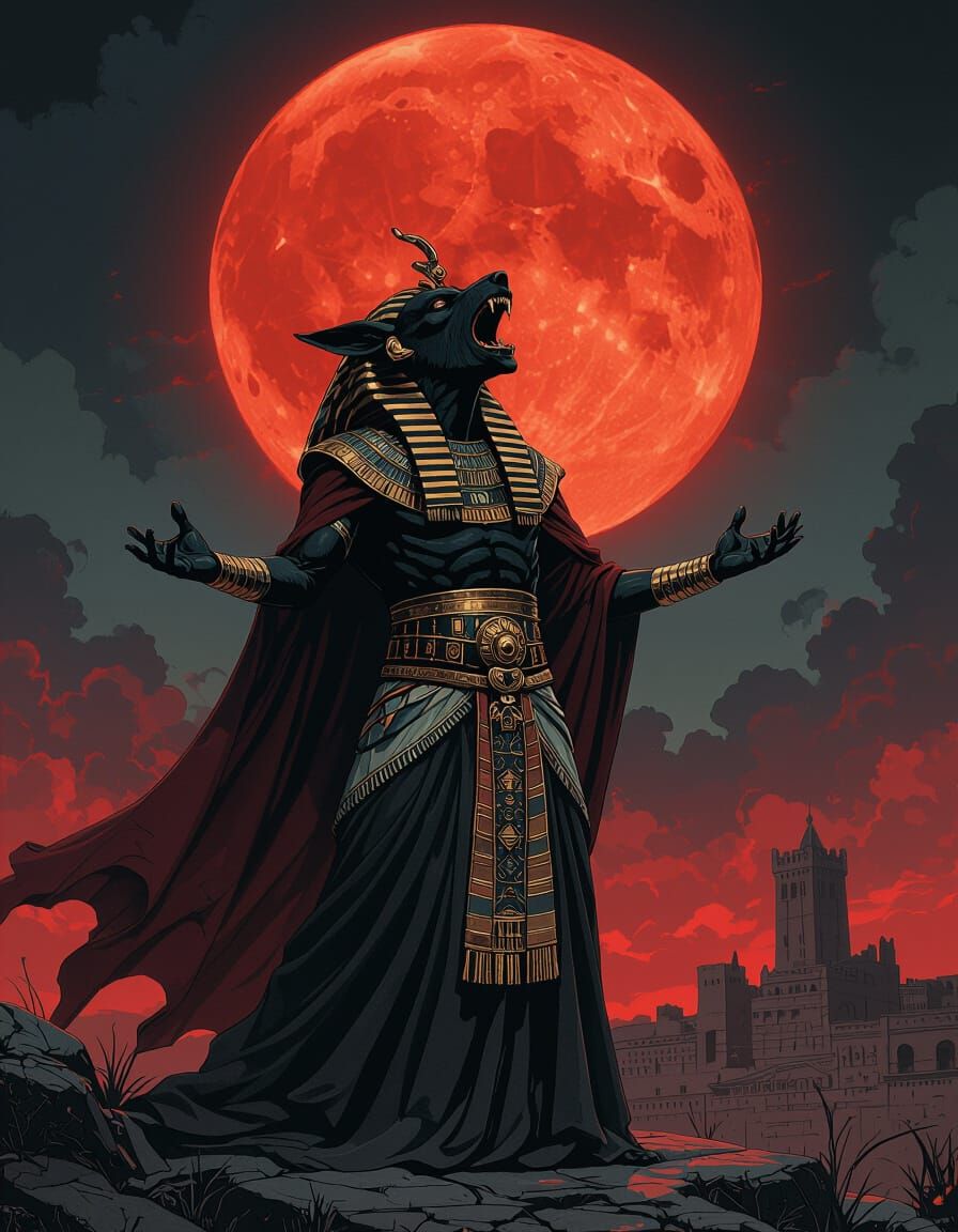 Dark Pharaoh Howling at Blood Moon in Horror Style