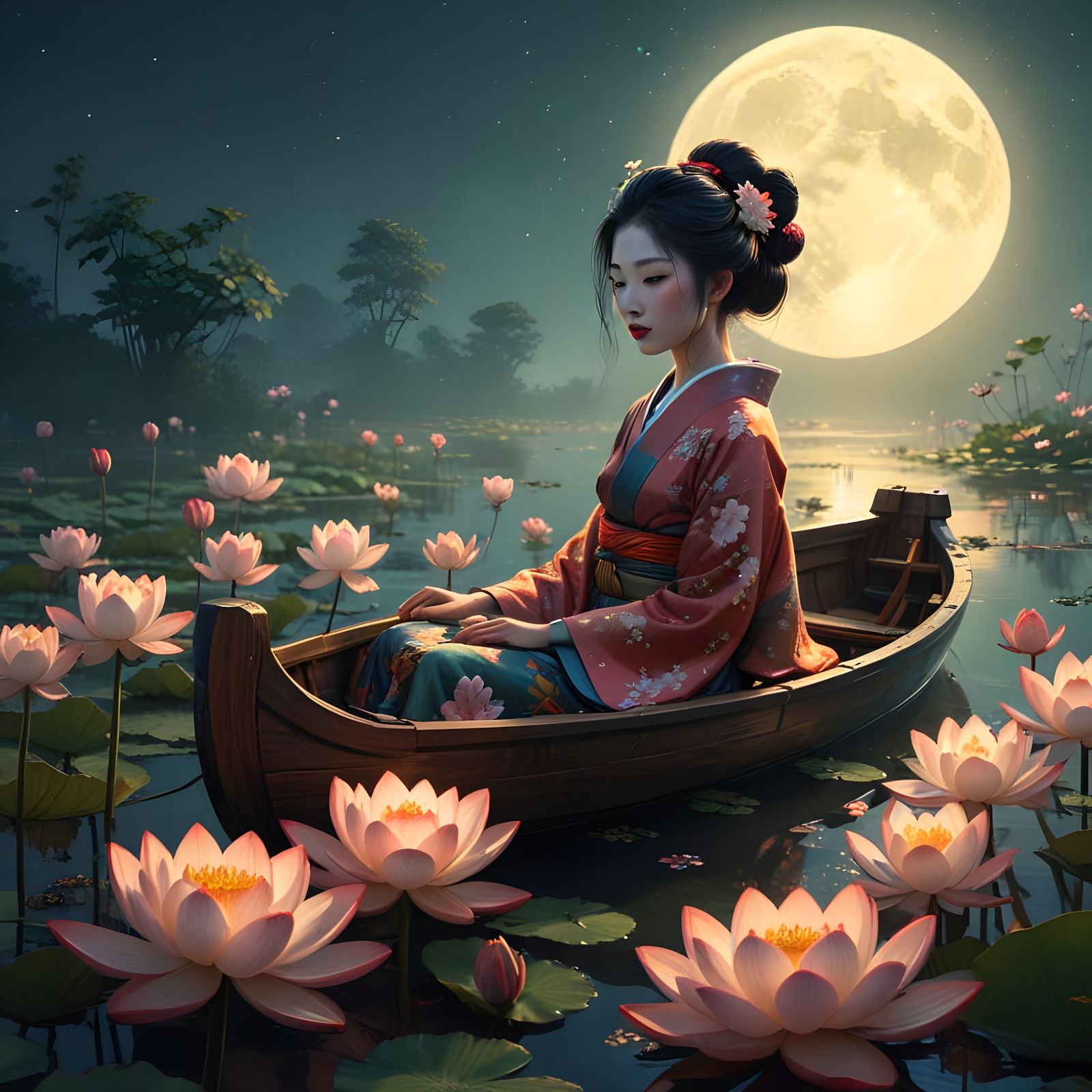Ethereal Geisha Amidst Lotus Blooms in Moonlit Serenity
