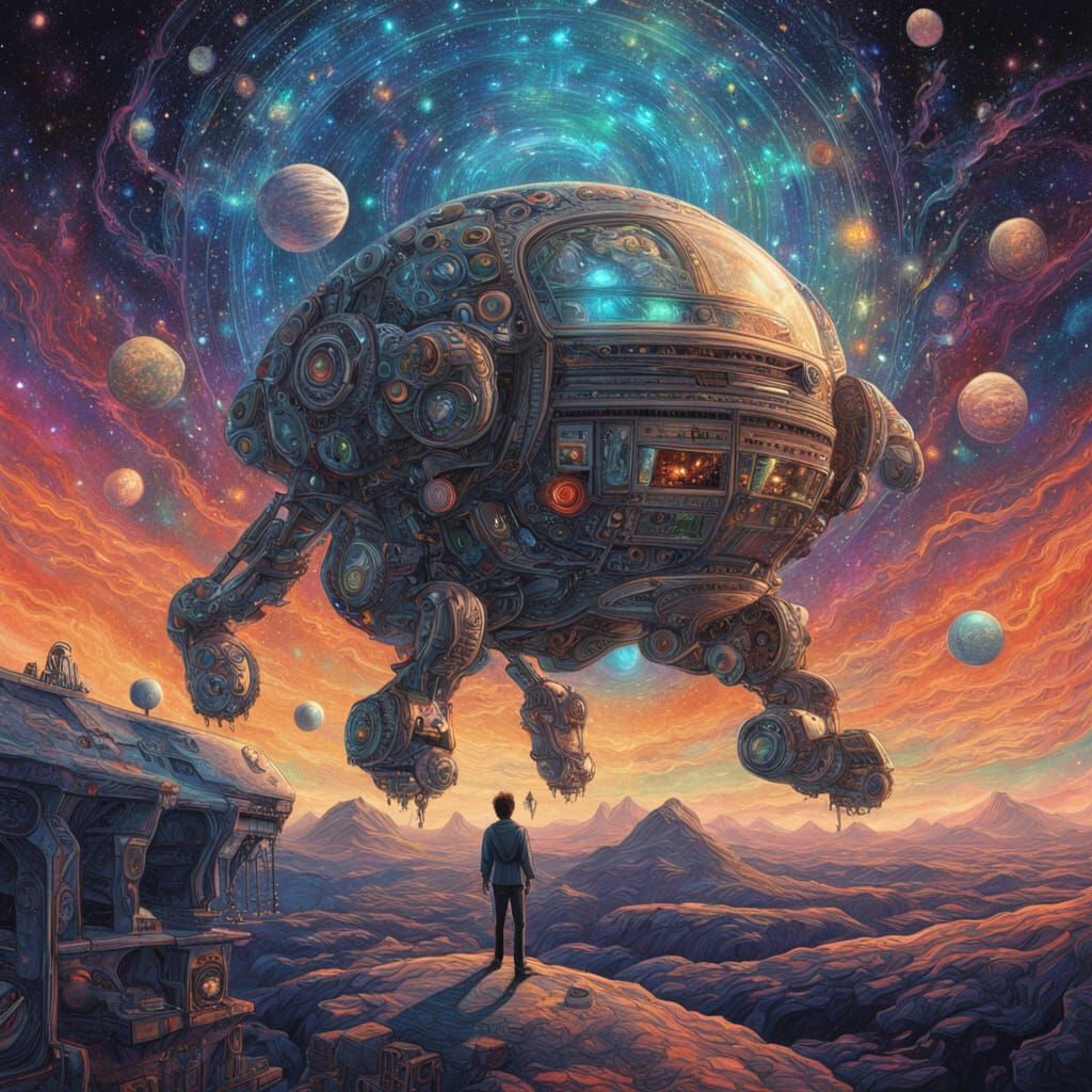 Robot Attends Typewriter on Starship, Cosmic Nebula Backgrou...