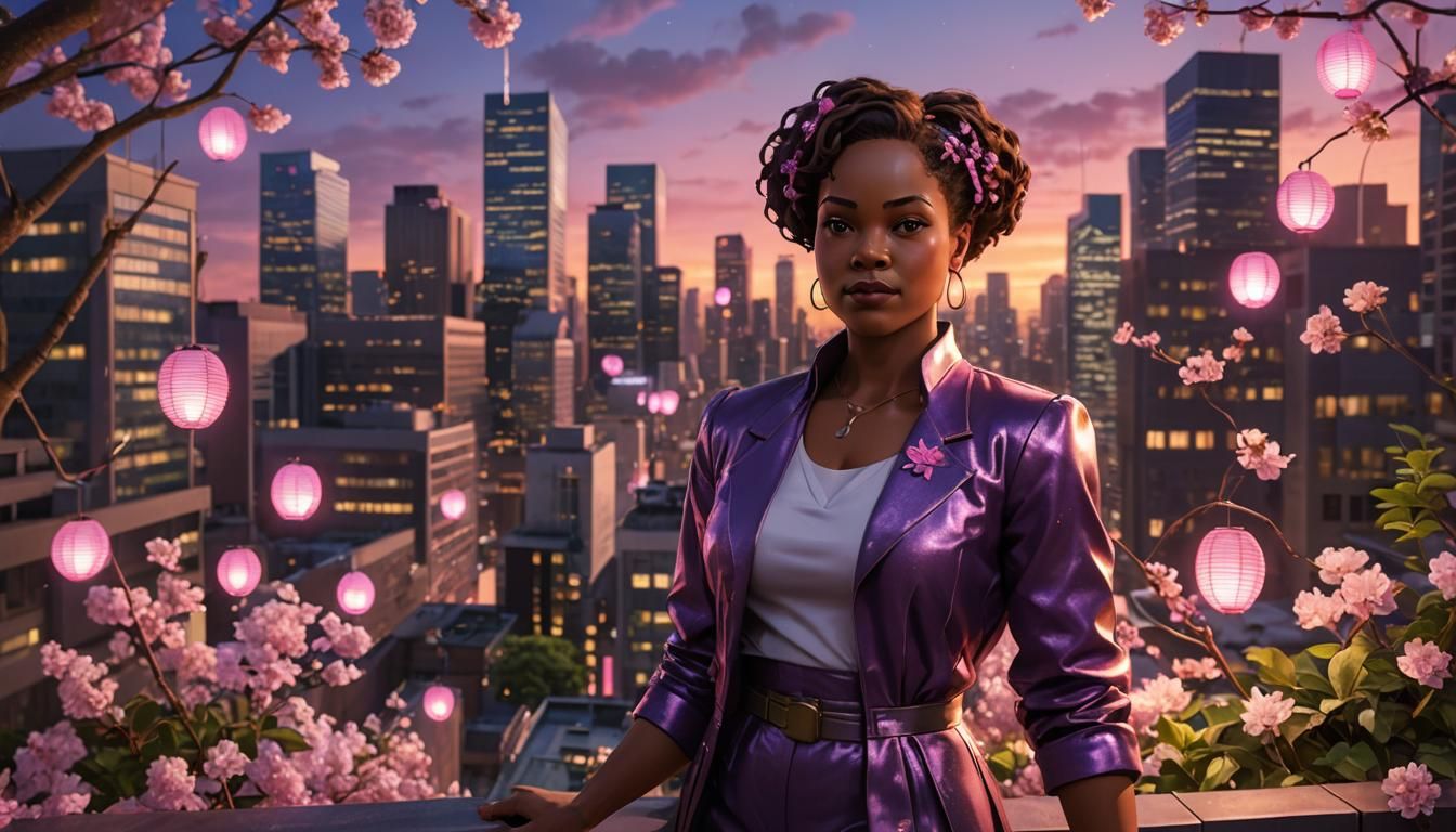 Confident Woman in Rooftop Garden: Anime-Inspired 3D Art