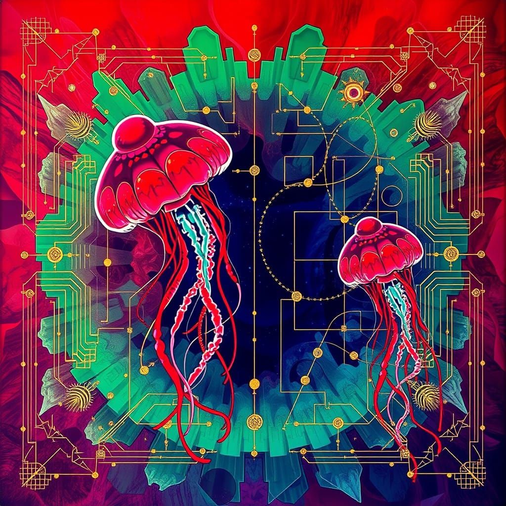 Retrofuturistic Jellyfish in a Deep Space Grid