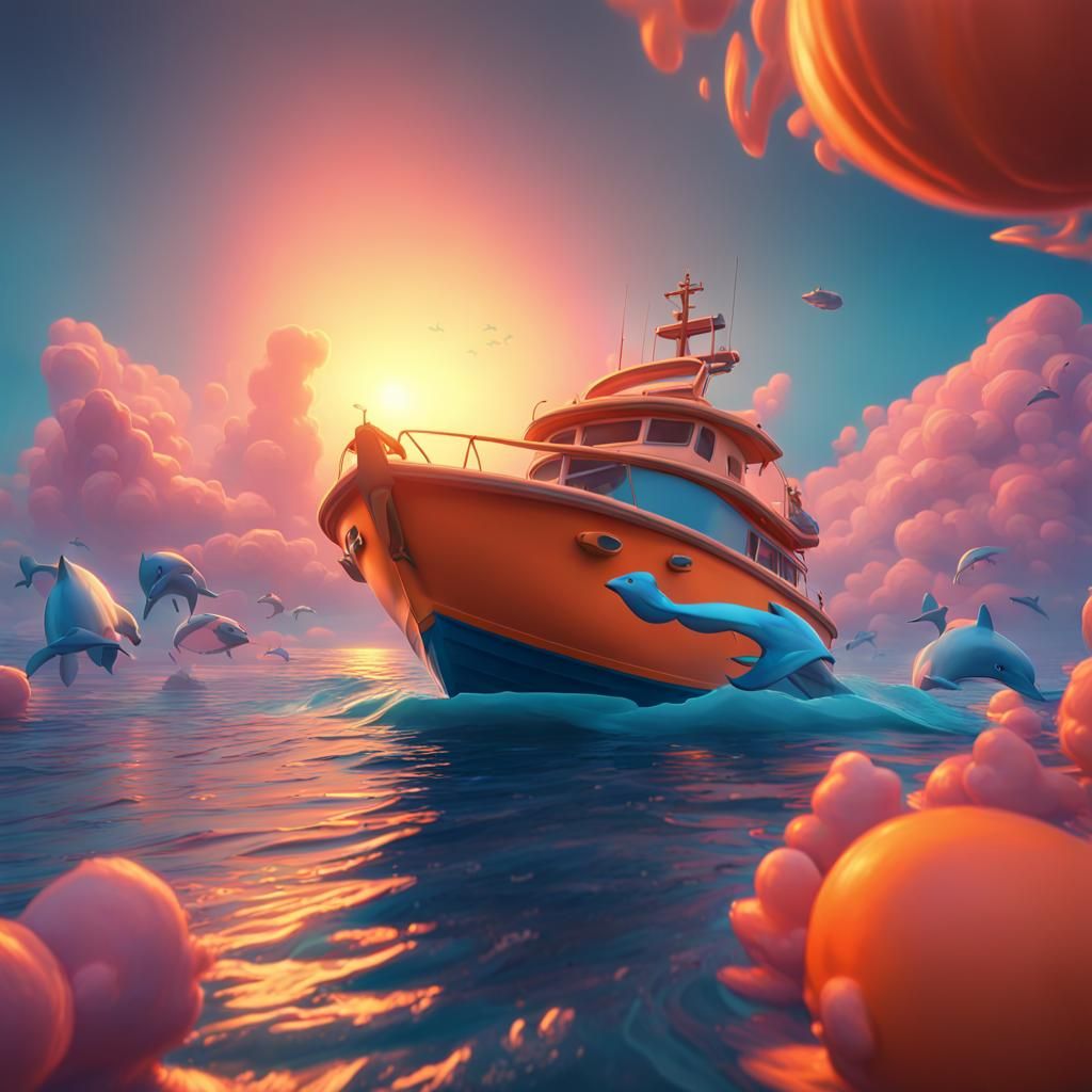 Colorful Sunset Boat Scene with Dolphins in 3D