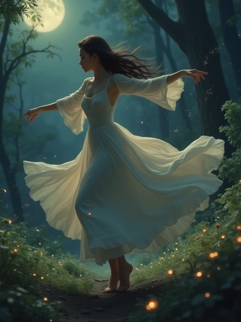 Ethereal Dancer in Moonlit Enchanted Forest