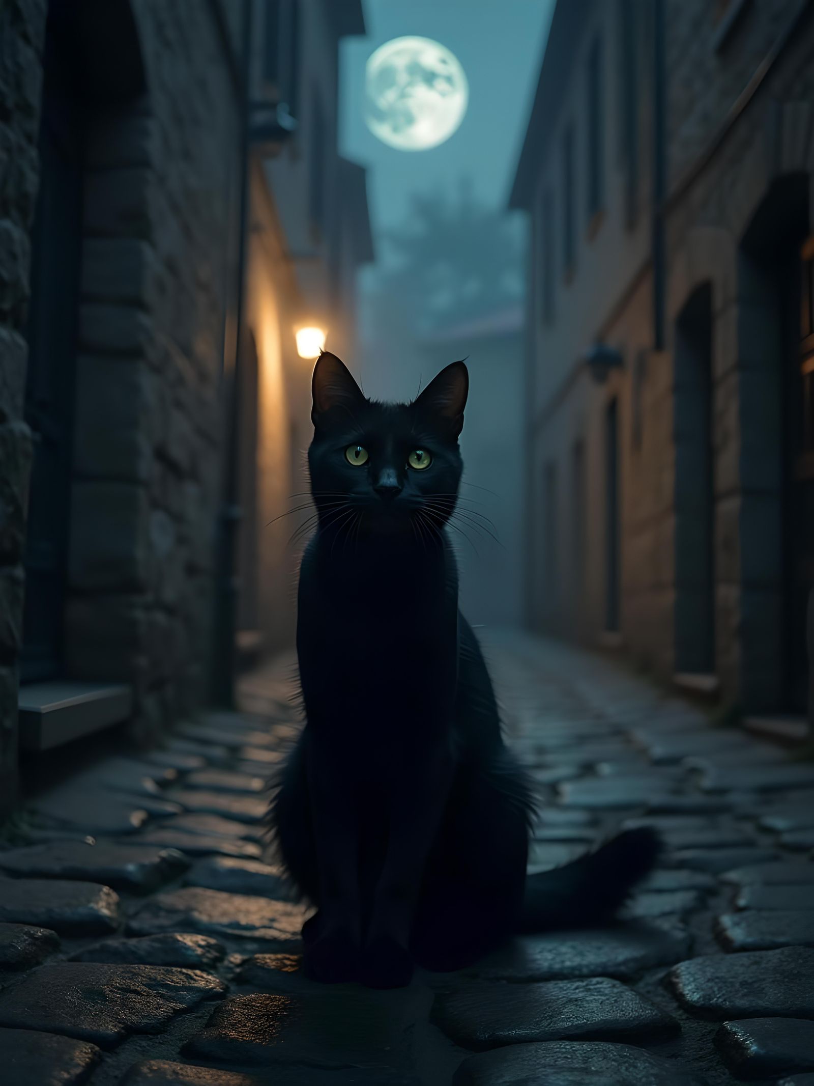 Sinister Black Cat in Dark Medieval Alley