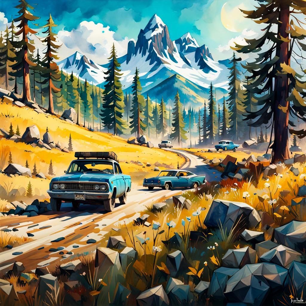 Montana Mountain Scene in Watercolor Style