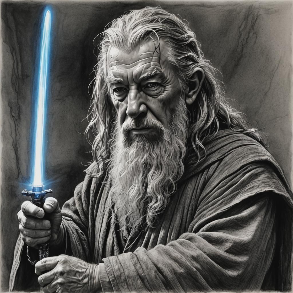 Gandalf with Blue Lightsaber: Hyperdetailed Charcoal Art