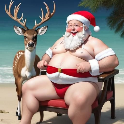 Santa Claus in Bikini Riding a Reindeer