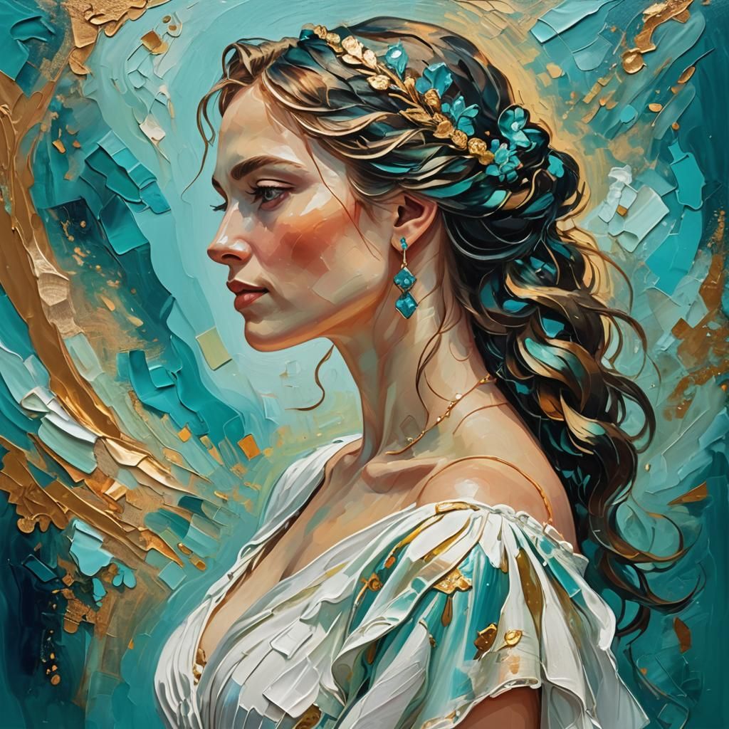 Turquoise Oil Painting of Woman in White Dress