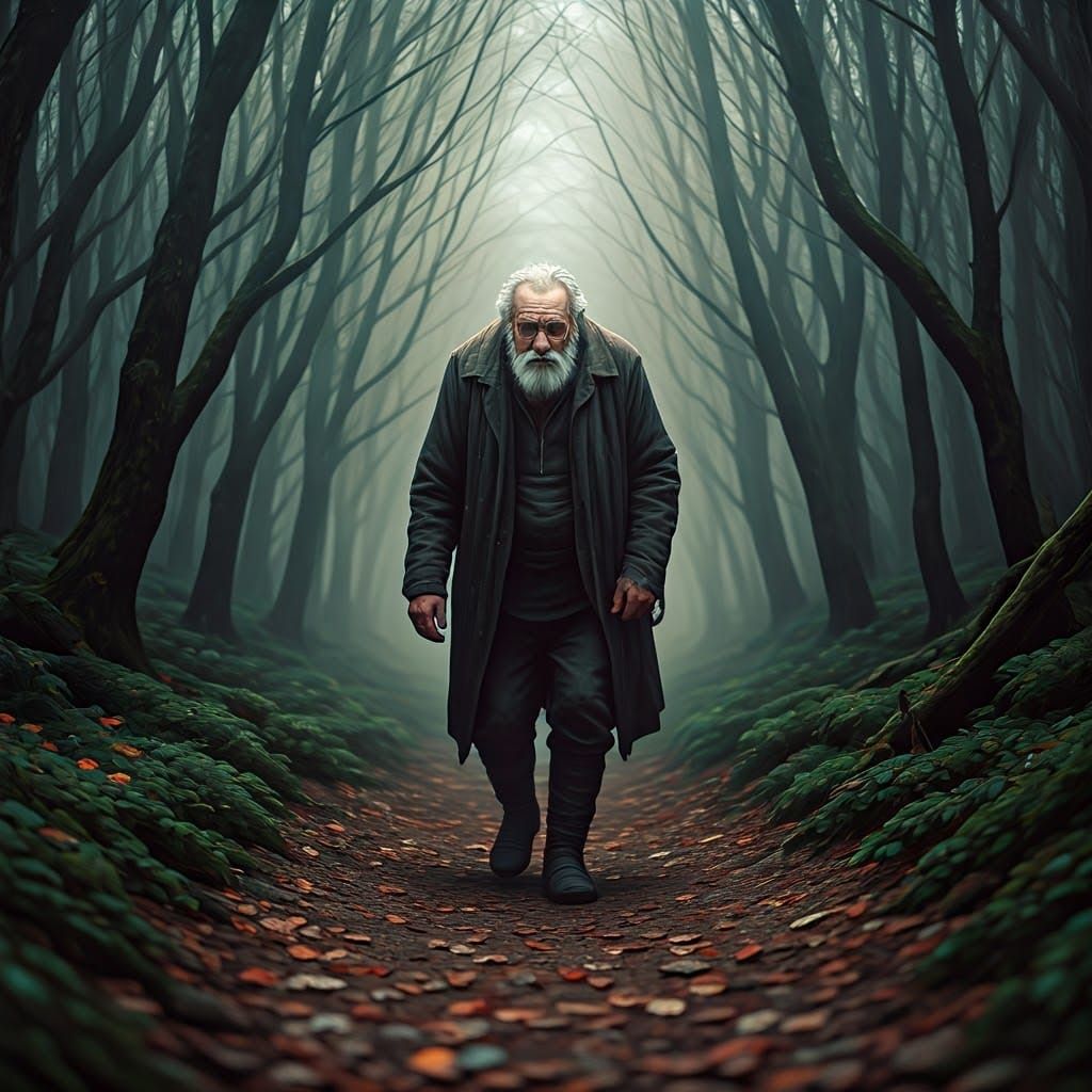 Old Traveler in Misty Forest, Cinematic Style