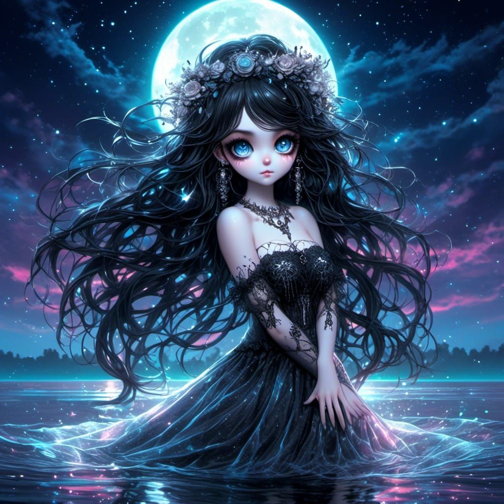 Spectral Woman Under Starlight in Gothic Style