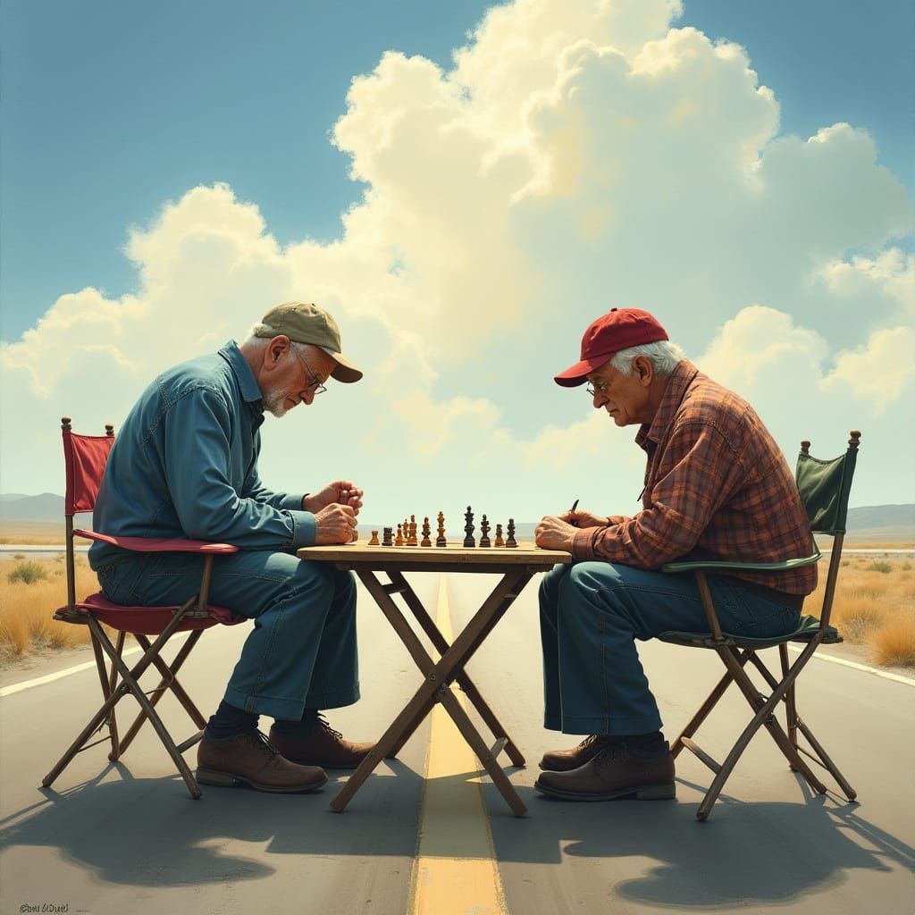 Elderly Men Play Checkers on Freeway in Warm Realist Style