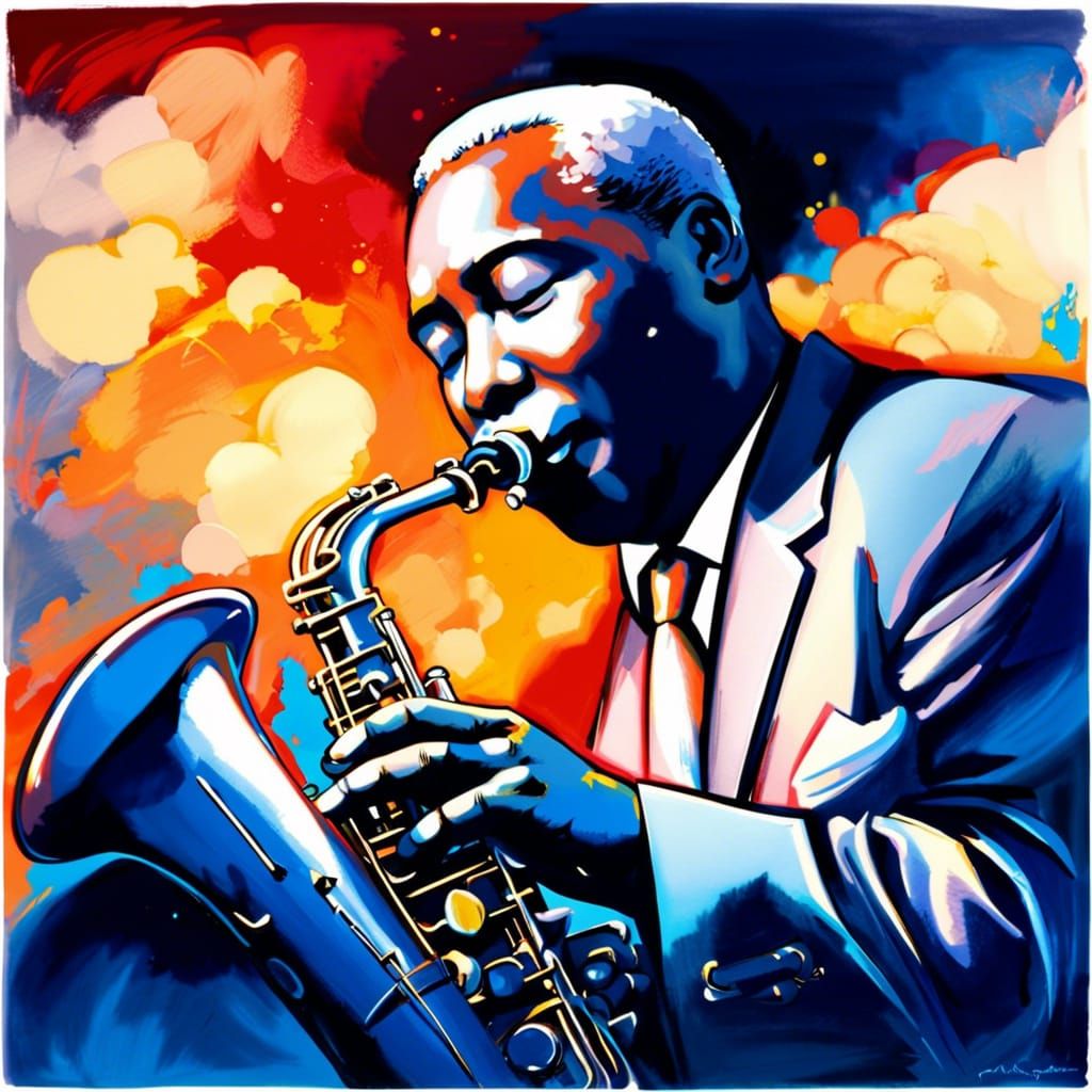 bright celestial Charlie Parker playing the saxophone at New York jazz club, perfect anatomy, extremely detailed, biolum...