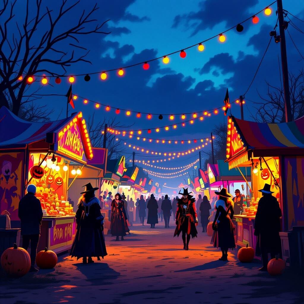 Halloween Carnival at Dusk in Digital Painting Style