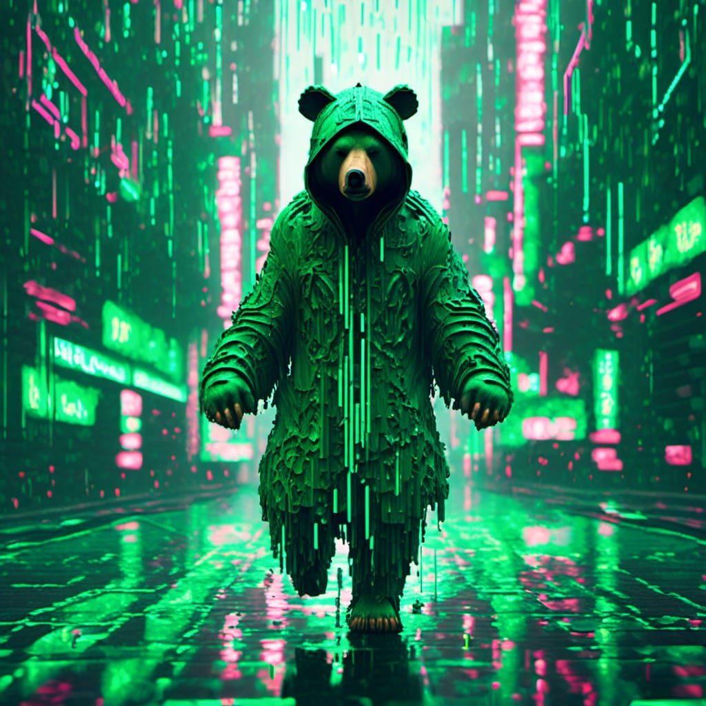 Glitch Art Bear Runs Through ASCII Rain