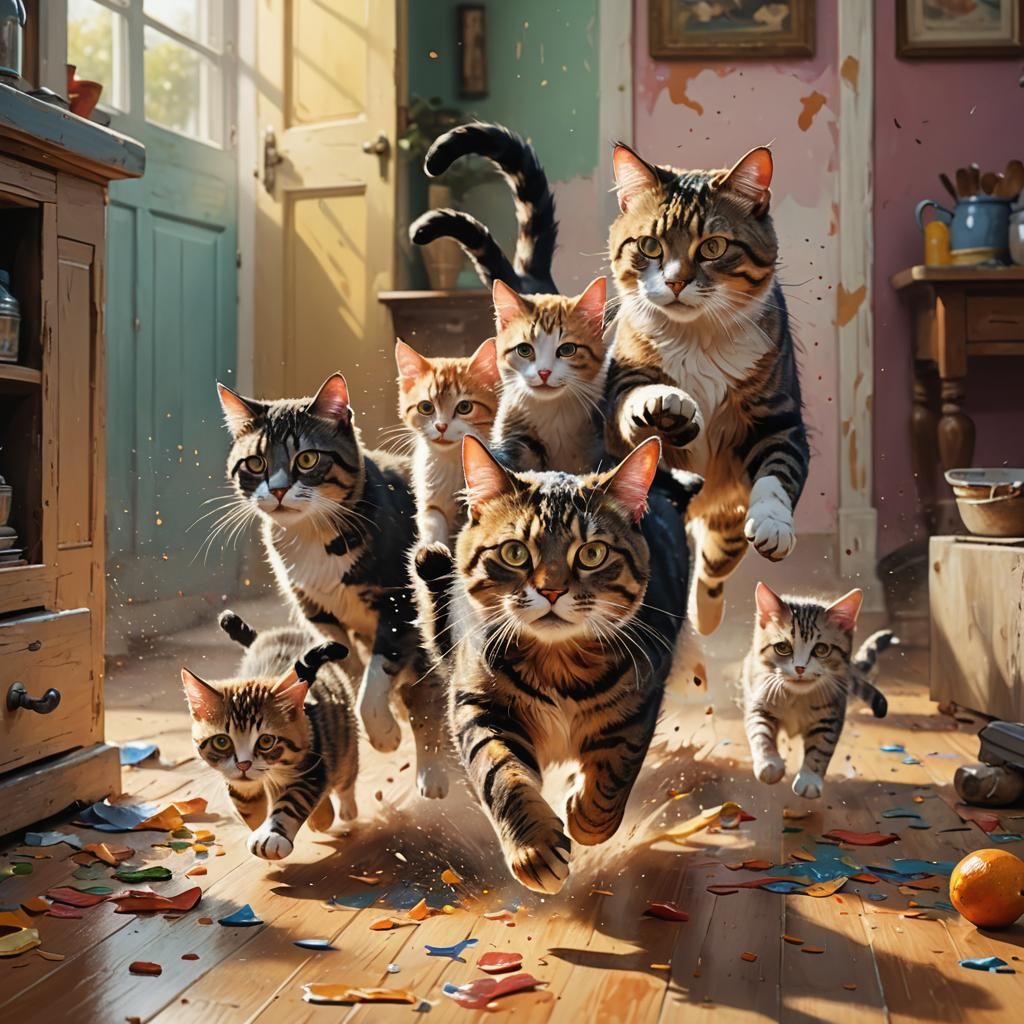 Hyperrealistic Cat Family Running for Food