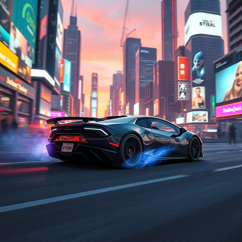 Sleek Lamborghini Speeds Through Futuristic City at Dusk