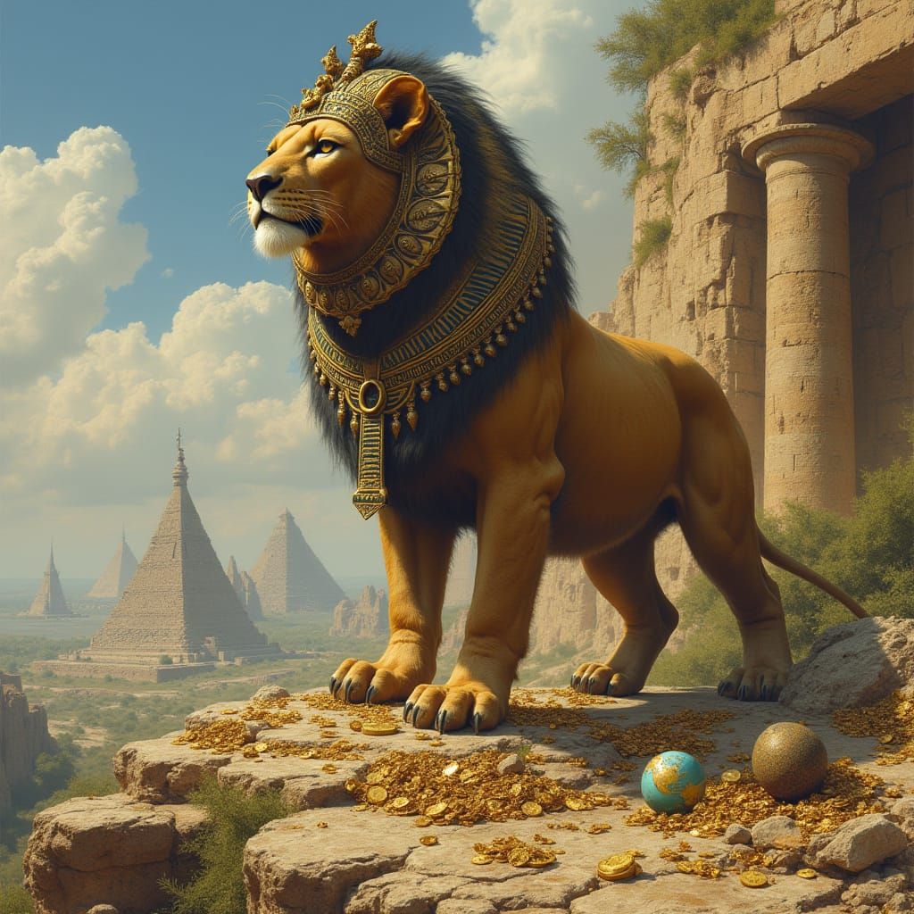 Colossal Lion with Humanoid Head Stands Proud in Ancient Tem...