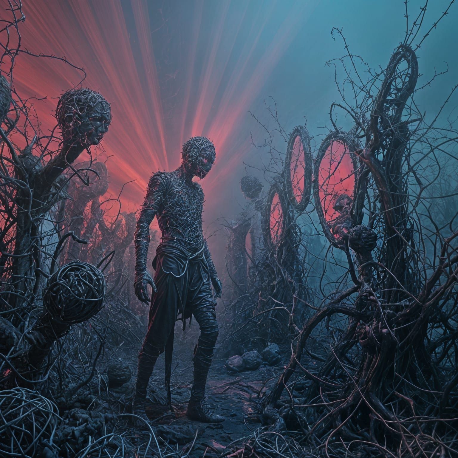 Barbed Wire Human in Thorn Maze: Wire Art