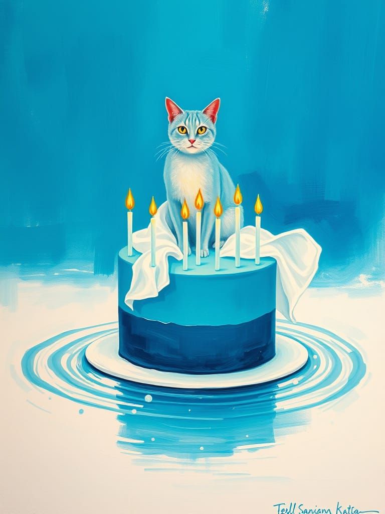 Turquoise Cat on Ombre Cake with Candles