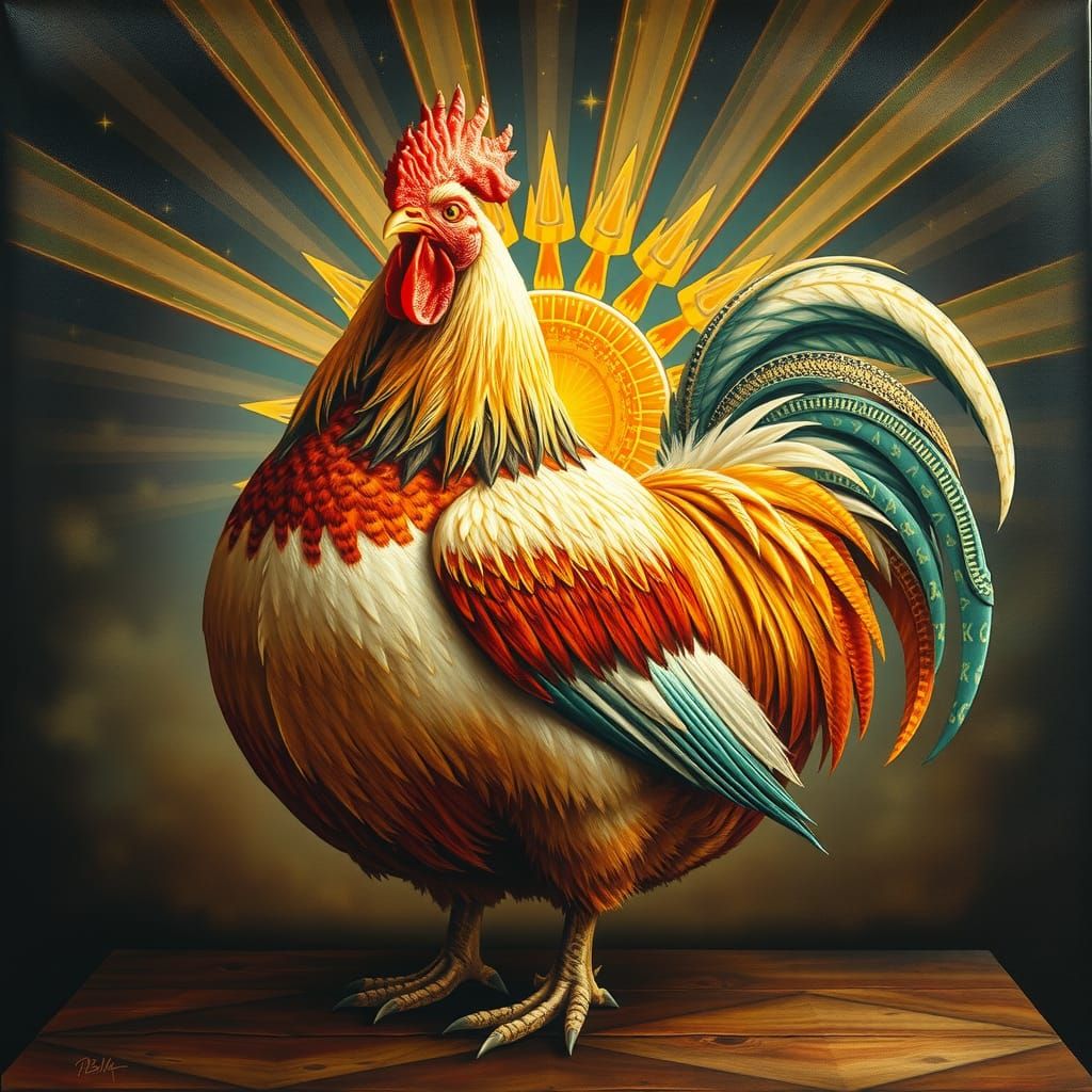 Obese Rooster Portrait with Holographic Rays