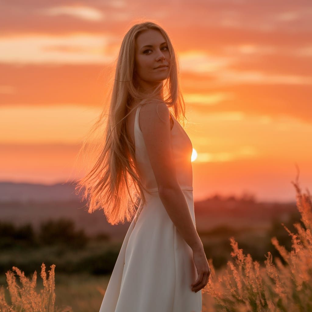 Confident Woman in Sunset Landscape