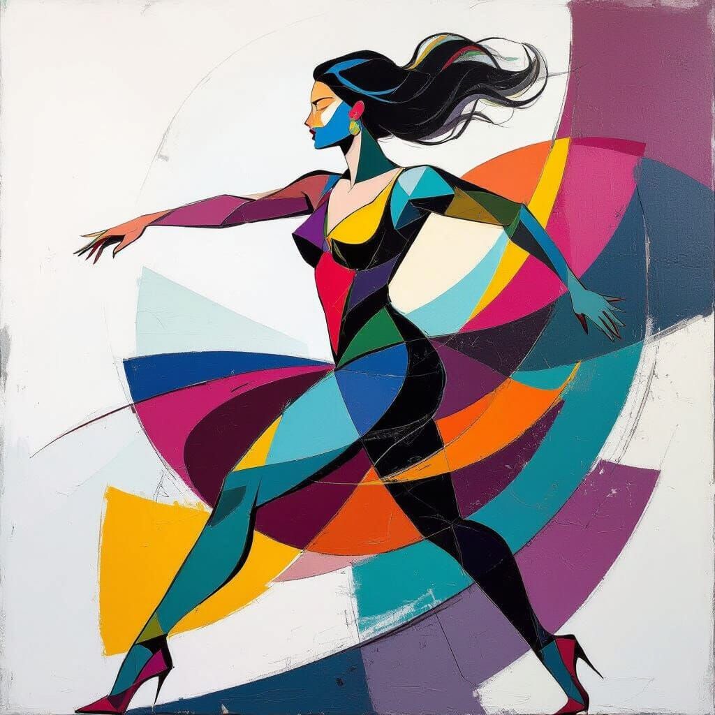 Abstract Woman in Motion with Dynamic Lines and Colors