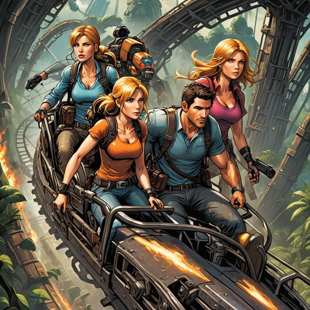 Characters Ride Roller Coaster in Comic Book Art