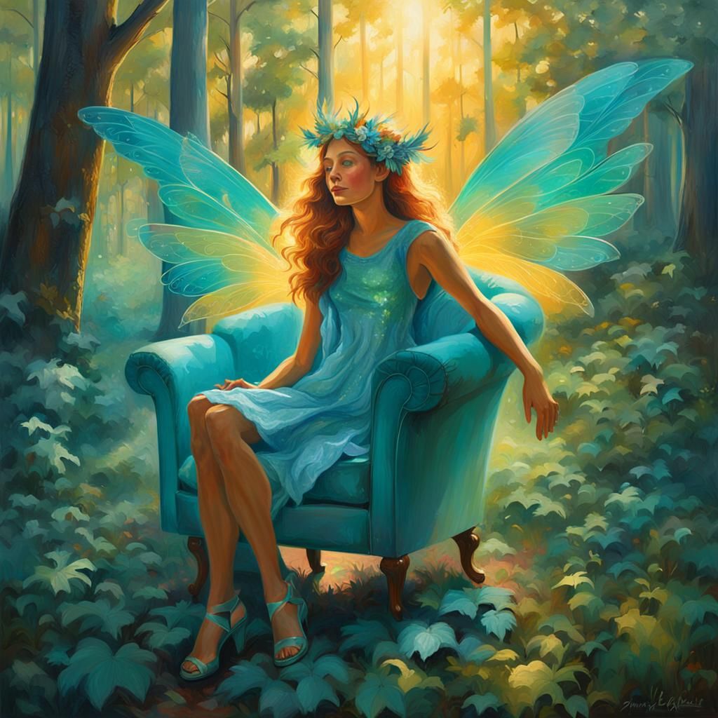 Turquoise Fairy in Forest: Vibrant Oil Painting