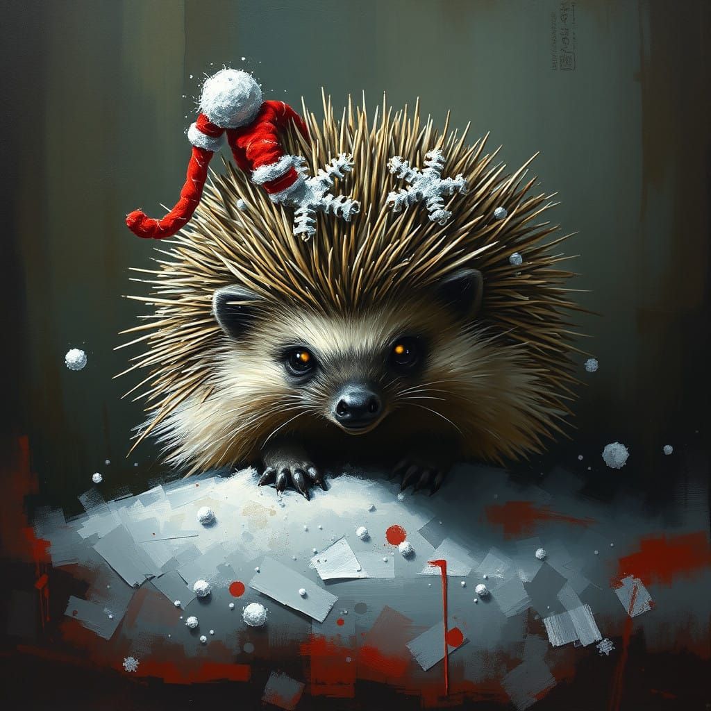 Dark Holiday Hedgehog in Moody, Abstract Realism
