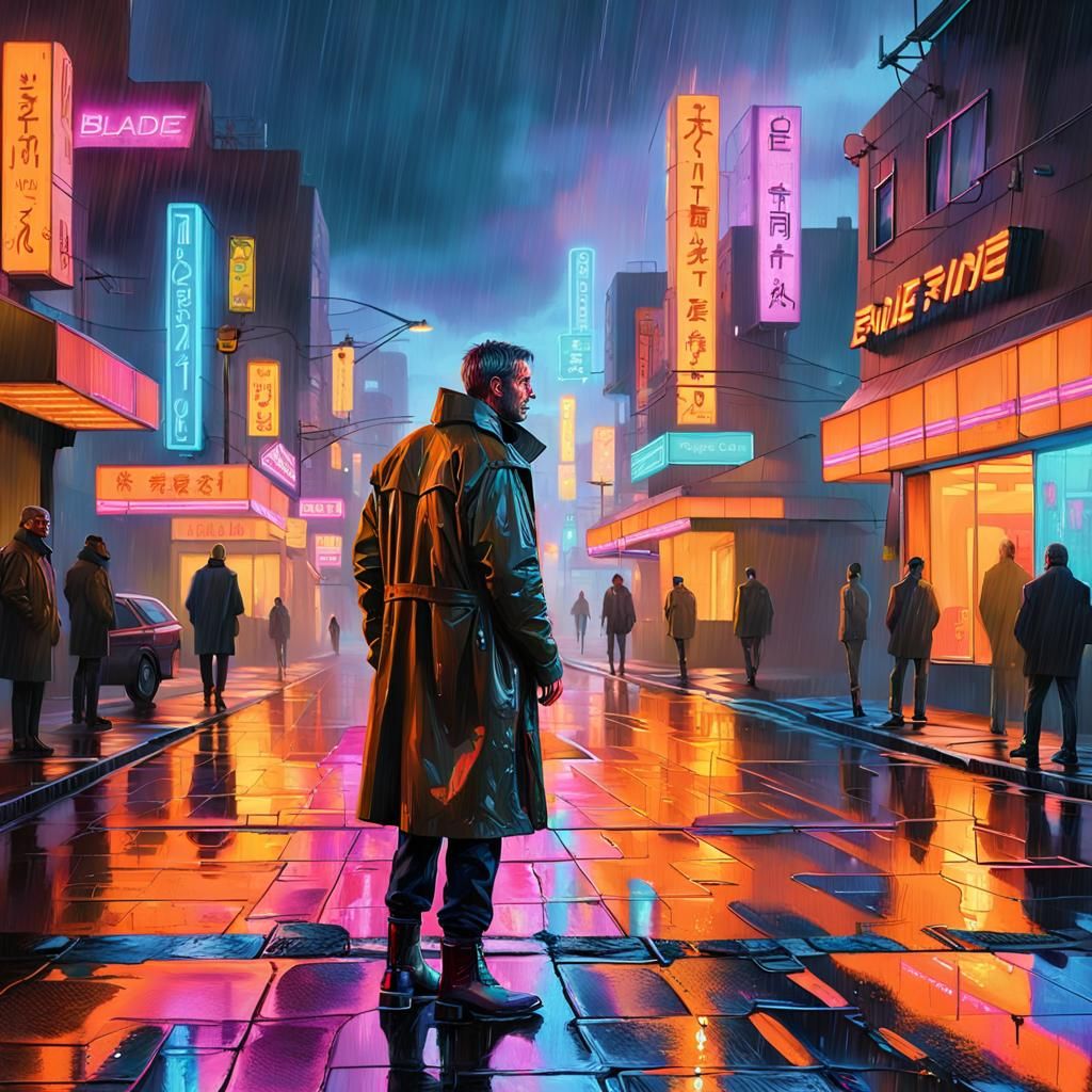 Blade Runner Replicant in Neon Cyberpunk Cityscape