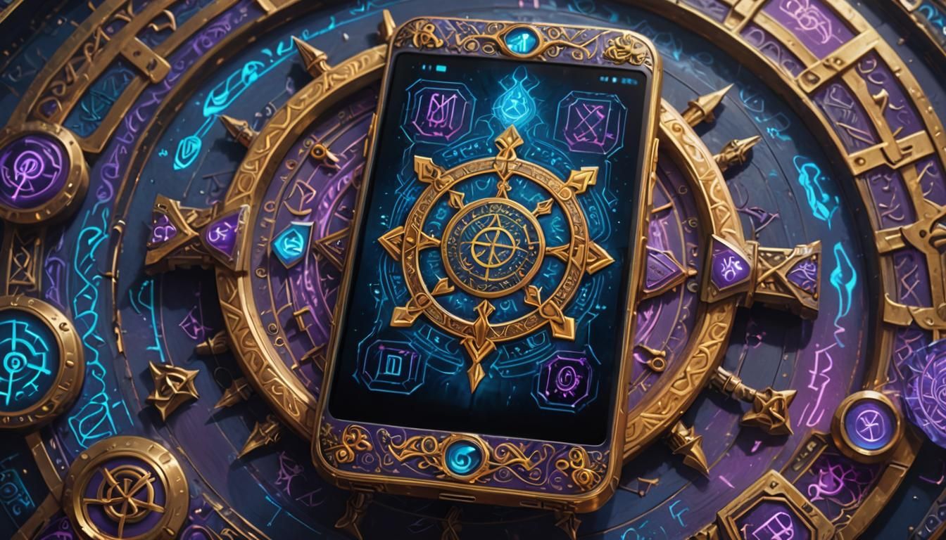 Fantasy Smartphone with Glowing Runes in Oil Painting Style